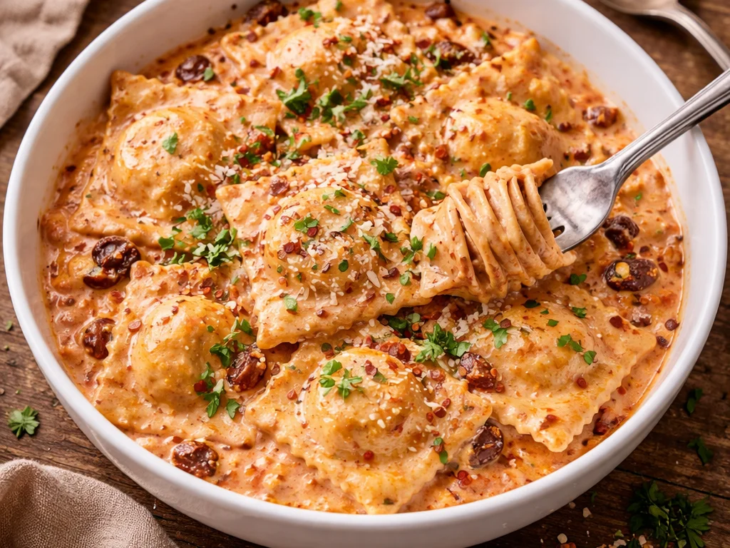 Velvety Ravioli with Sun Dried Tomato Cream Sauce