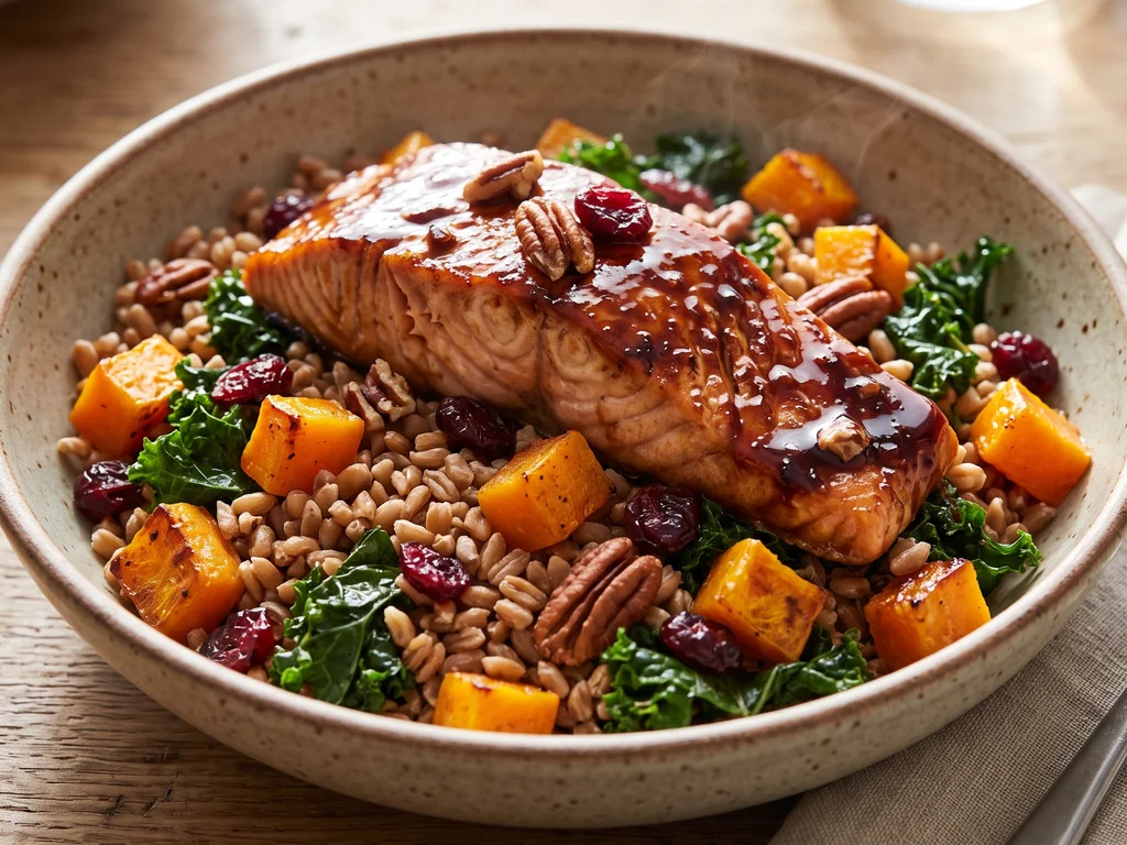 Maple-Bourbon Glazed Salmon with Warm Farro Salad