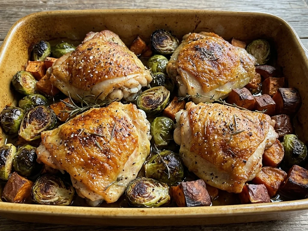 Crispy Baked Chicken Thighs with Roasted Brussels Sprouts and Sweet Potatoes