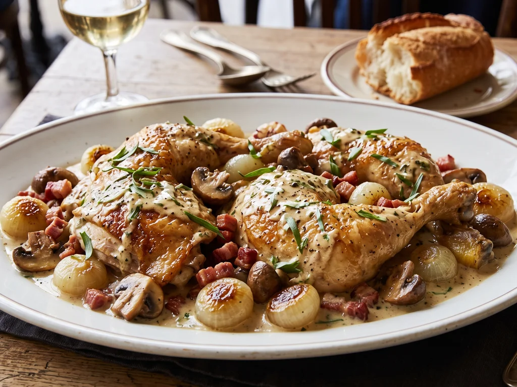 Coq au Vin Blanc with Tarragon and Pearl Onions