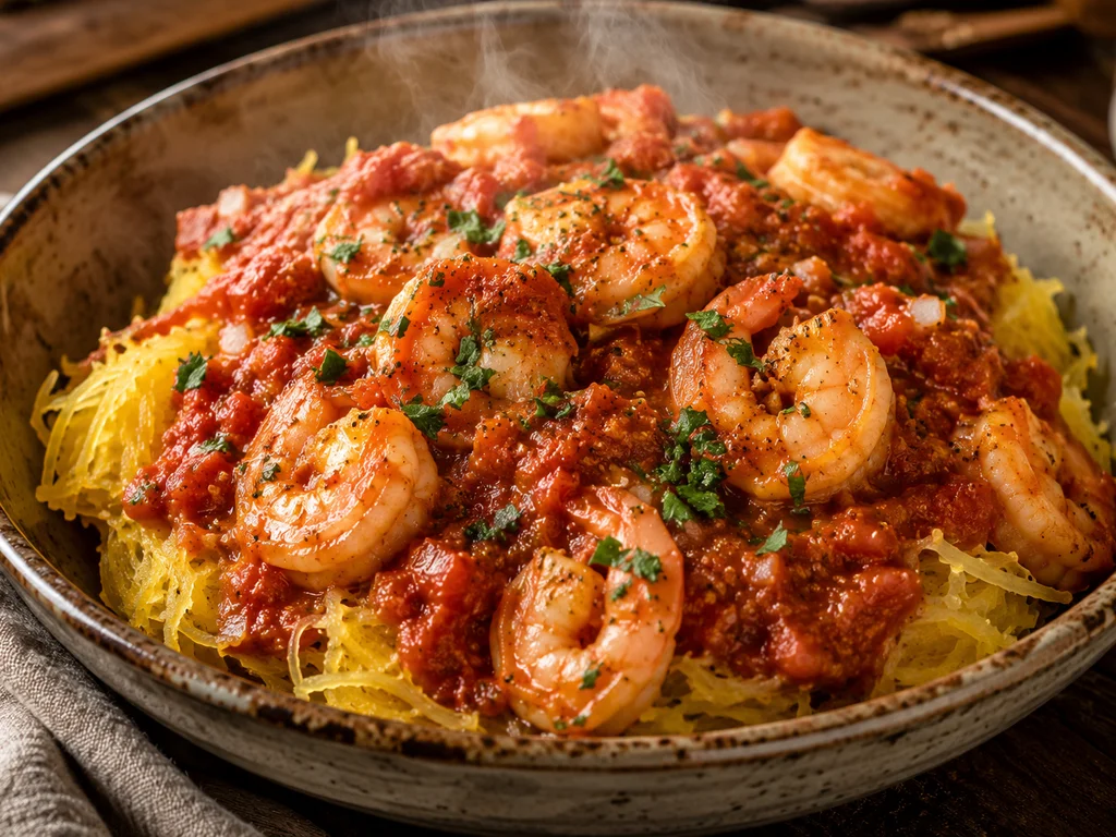 Spicy Shrimp Diablo over Spaghetti Squash