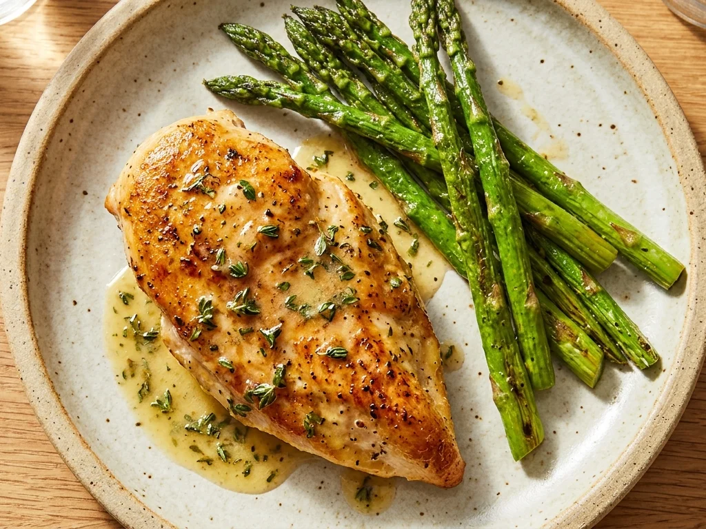 Pan-Seared Chicken Breast with Lemon-Herb Butter and Roasted Asparagus
