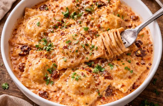 Velvety Ravioli with Sun Dried Tomato Cream Sauce