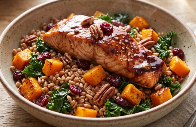 Maple-Bourbon Glazed Salmon with Warm Farro Salad