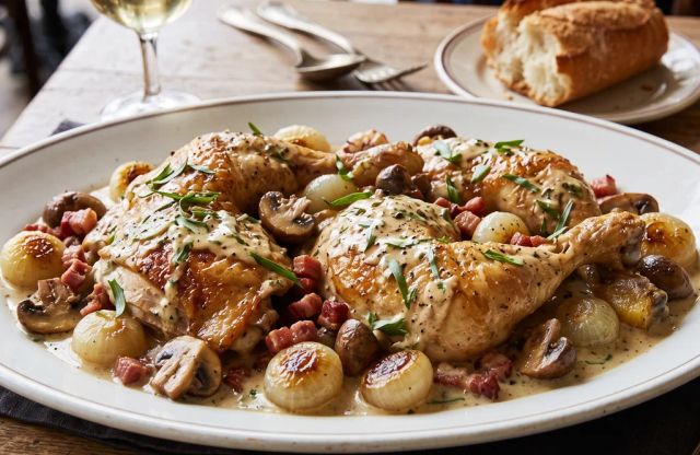 Coq au Vin Blanc with Tarragon and Pearl Onions